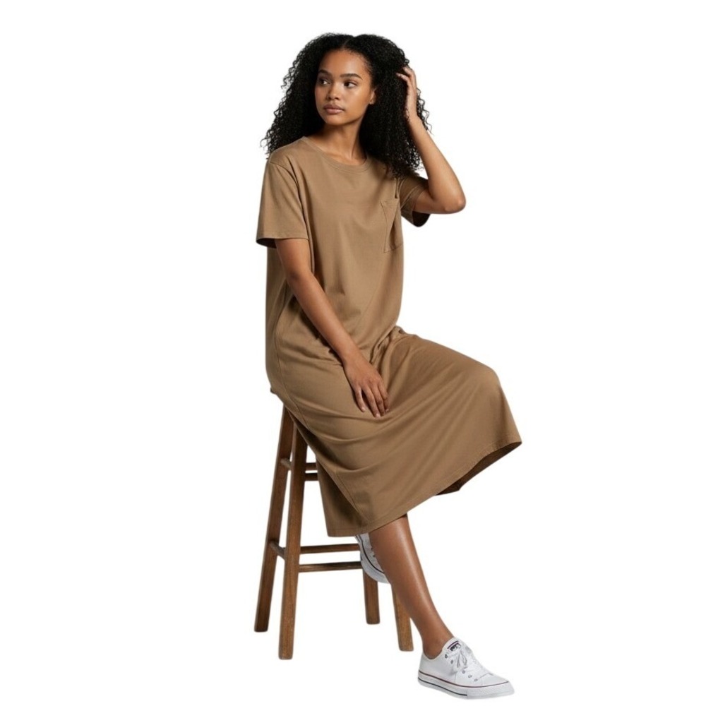 J JILL Brown T-Shirt Midi Maxi Dress L‎ Pocket Stretch Minimalist Travel Loose